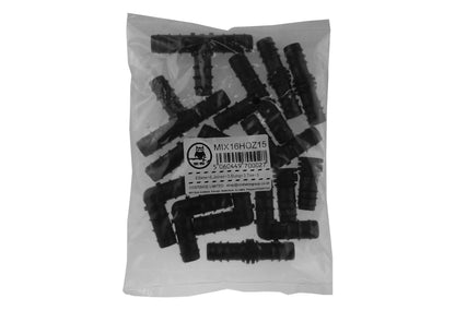 Barbed connector end with length measurements 15mm and 10.5mm, black plastic