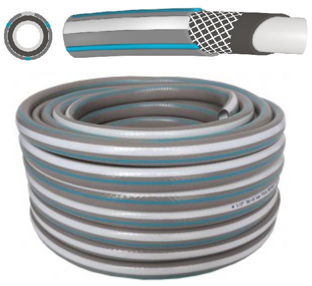 Coiled 4-layer garden hose, grey with blue stripe lines, neatly looped