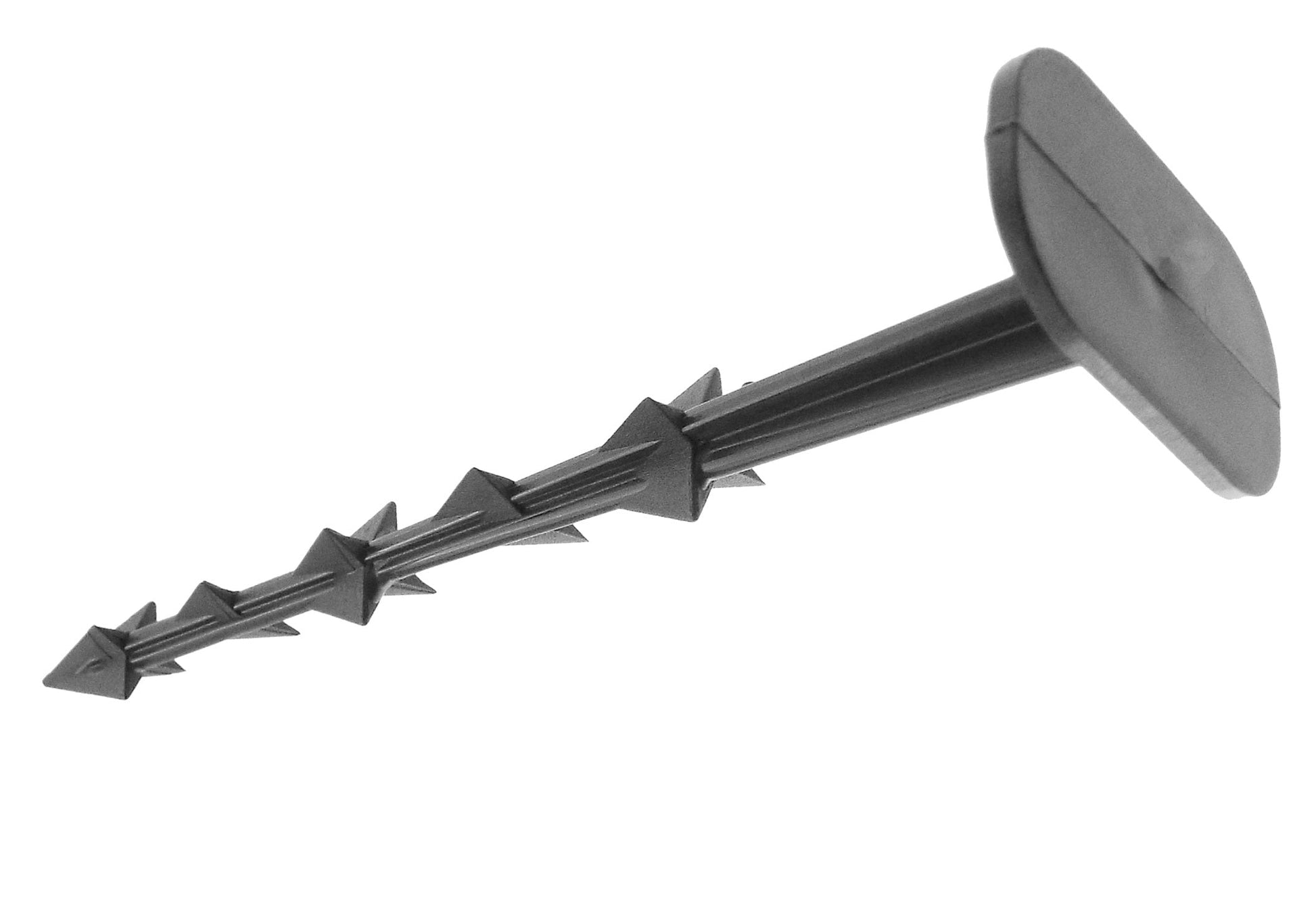 Plastic peg with round cap and row of arrow barbs for securing weed fabric