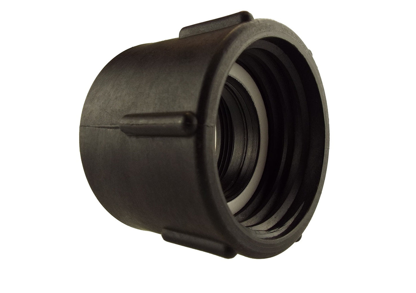 IBC S60x6 Adapter to 2" BSPF, threaded black inlet on gray body