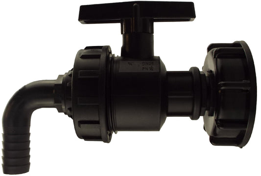 IBC Cap with large plastic valve and 16mm barbed elbow, black plastic fittings