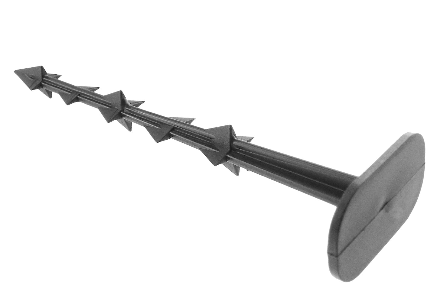 Plastic fixing peg with flat round head and triangular anchors along the shaft
