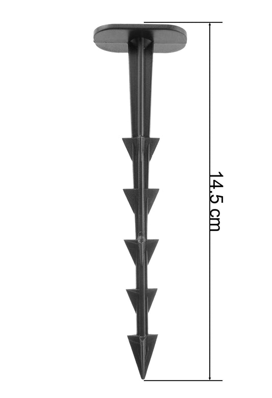 Large 6-inch plastic weed control fabric fixing pegs, dark grey, four-prong head