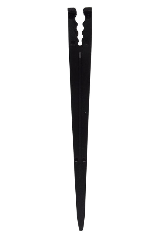 Micro pipe C-clamp stake, pointed black metal ground peg with clamp prongs