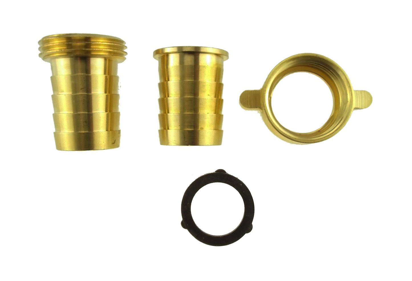 Brass 13mm swivel joiner components: two couplings and black rubber O-ring