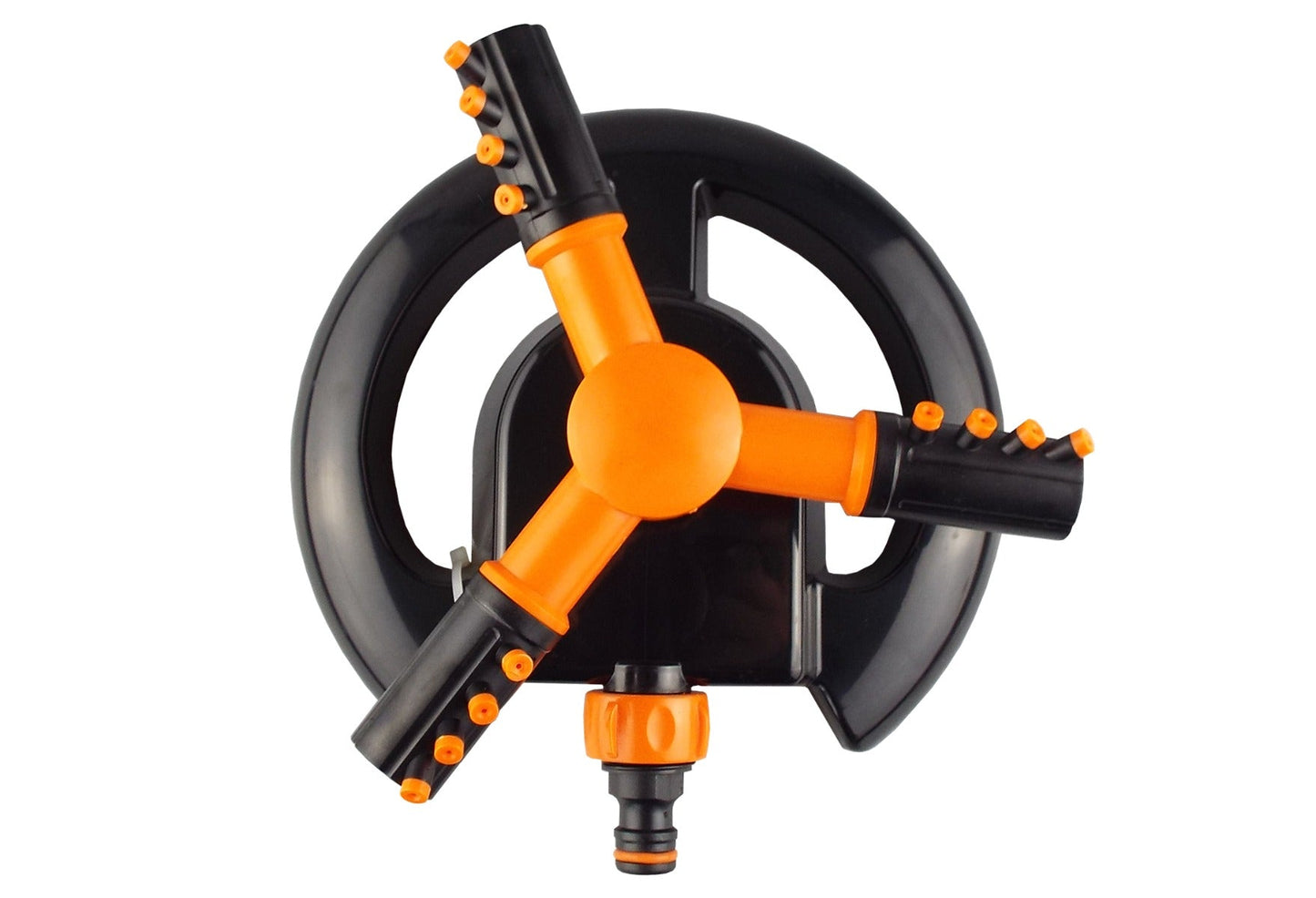 3-Arm Rotationssprinkler mit orangefarbenem Mittelteil und schwarzem Sprührahmen