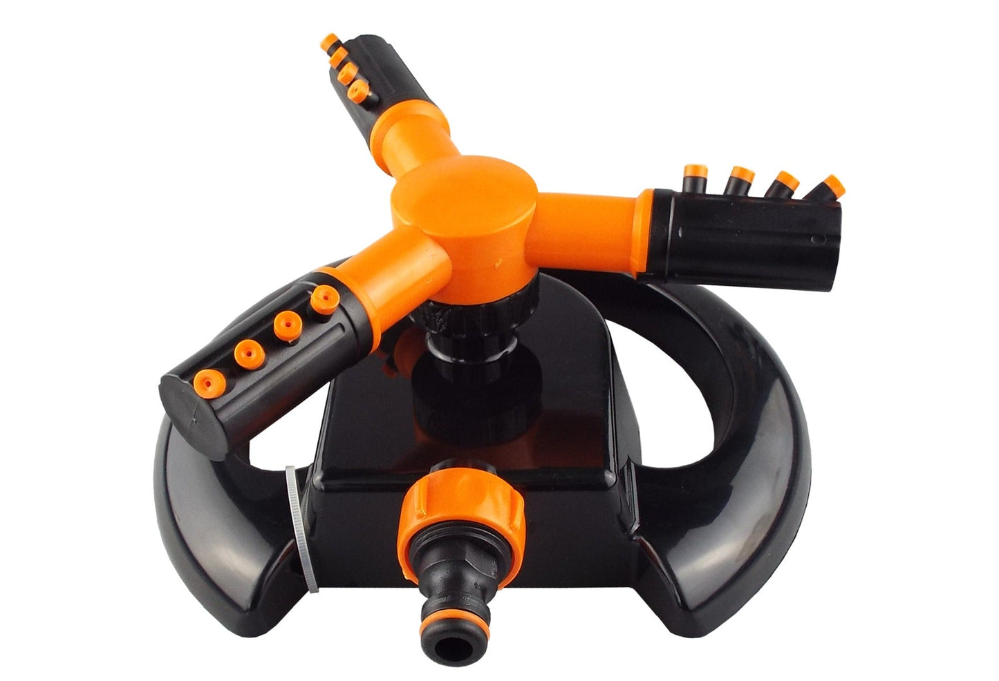 Rotationssprinkler 3 Arme, orangefarbene Mitte, schwarze Düse und Anschluss