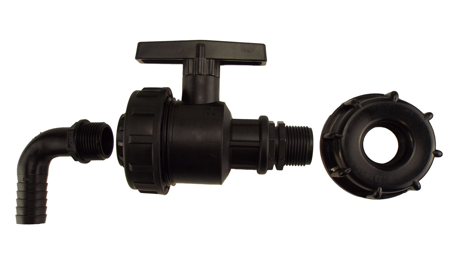 IBC 2 inch S60X6 cap with large plastic valve and pond elbow 20mm barb