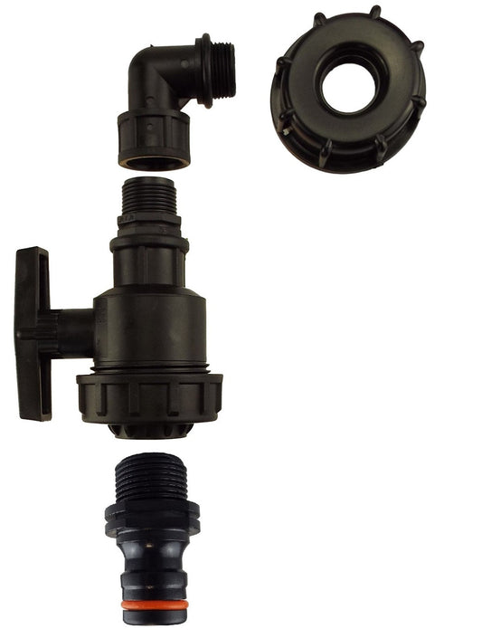 IBC 2" S60X6 cap with elbow fitting, large plastic valve and male quick connector