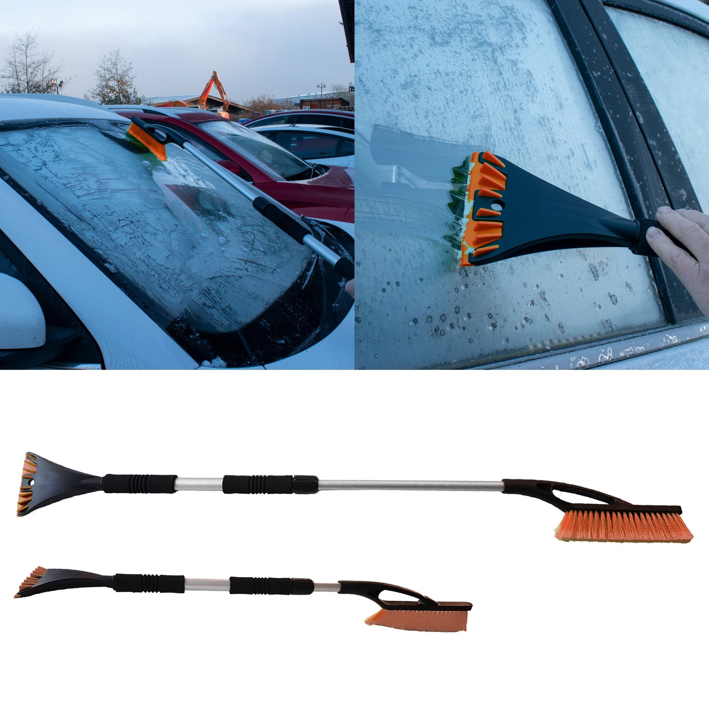 Orange telescopic snow brush with scraper attachment, sweeping frosted car window