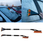 Orange telescopic snow brush with scraper attachment, sweeping frosted car window