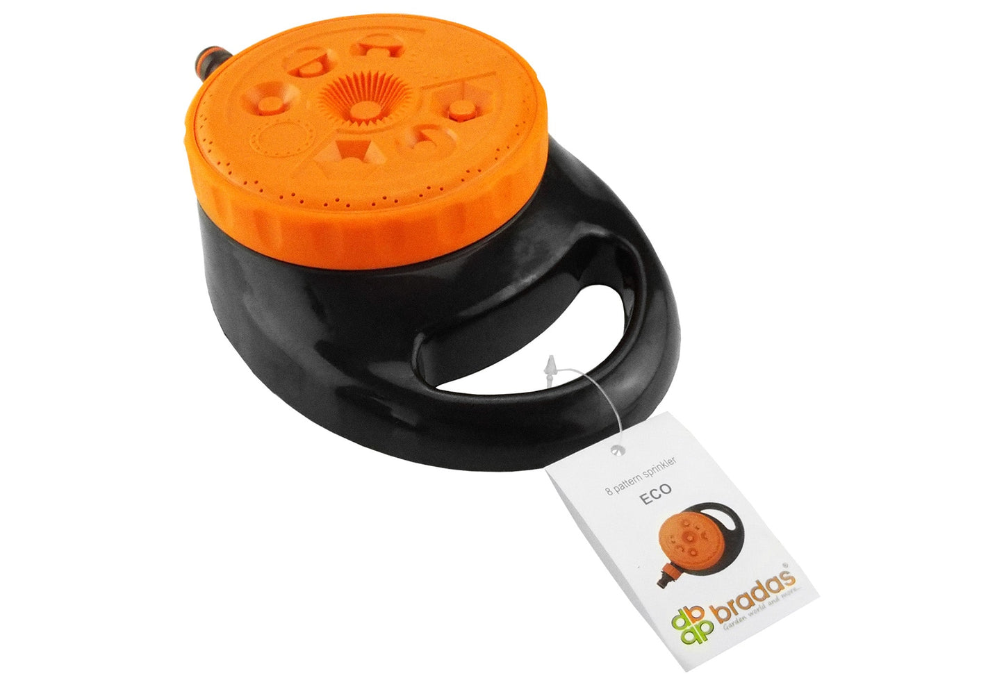 Black sprinkler base with orange top and visible hose connector; product tag attached