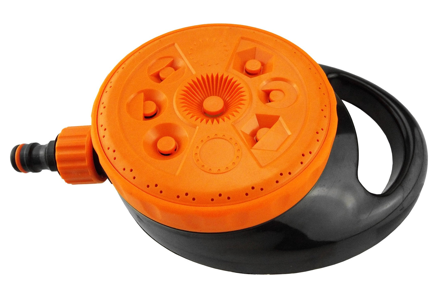 Static lawn sprinkler with orange top dial, black housing, and front hose connection