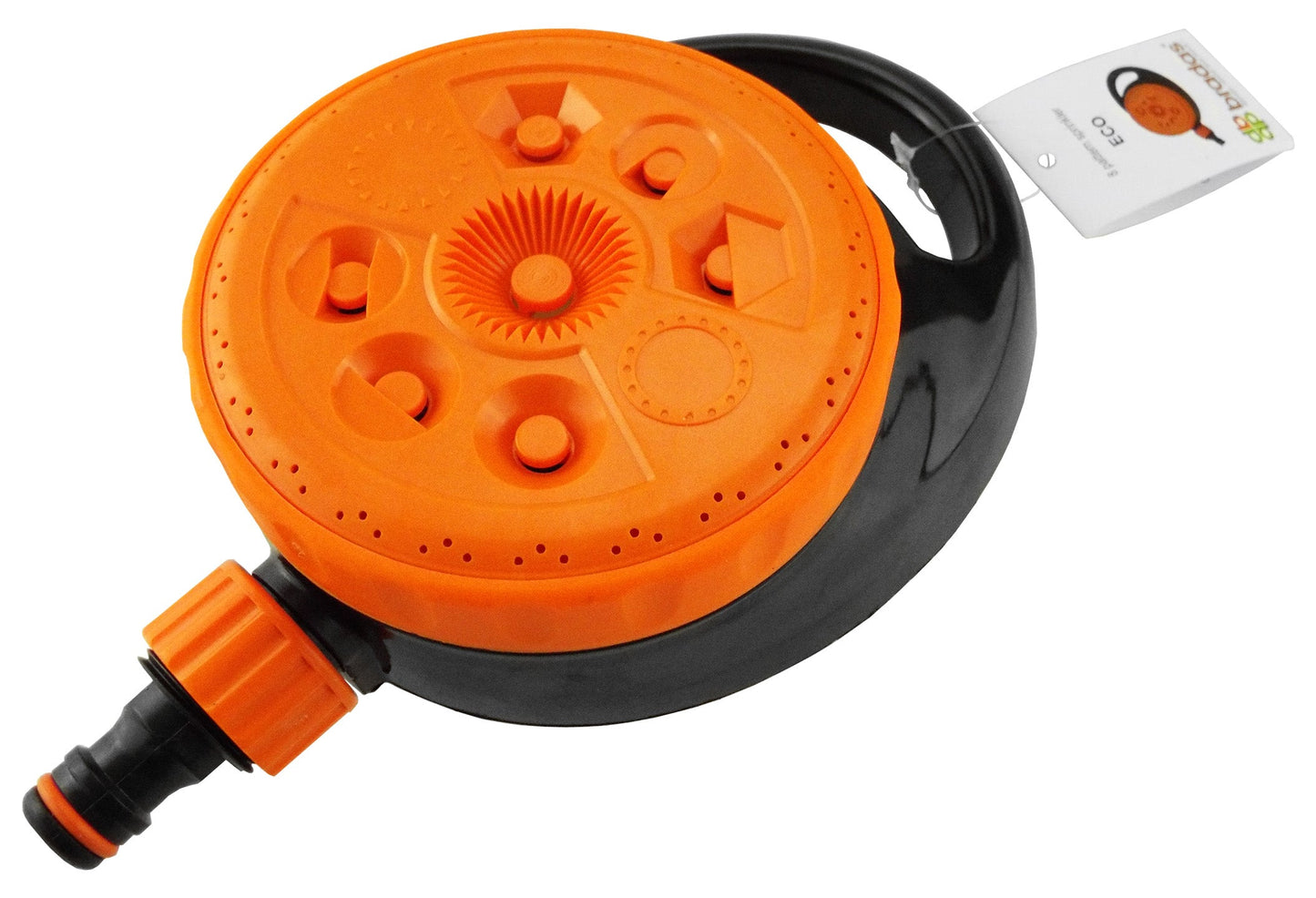 Orange-and-black sprinkler head with hose fitting and loop handle; spray pattern dial visible