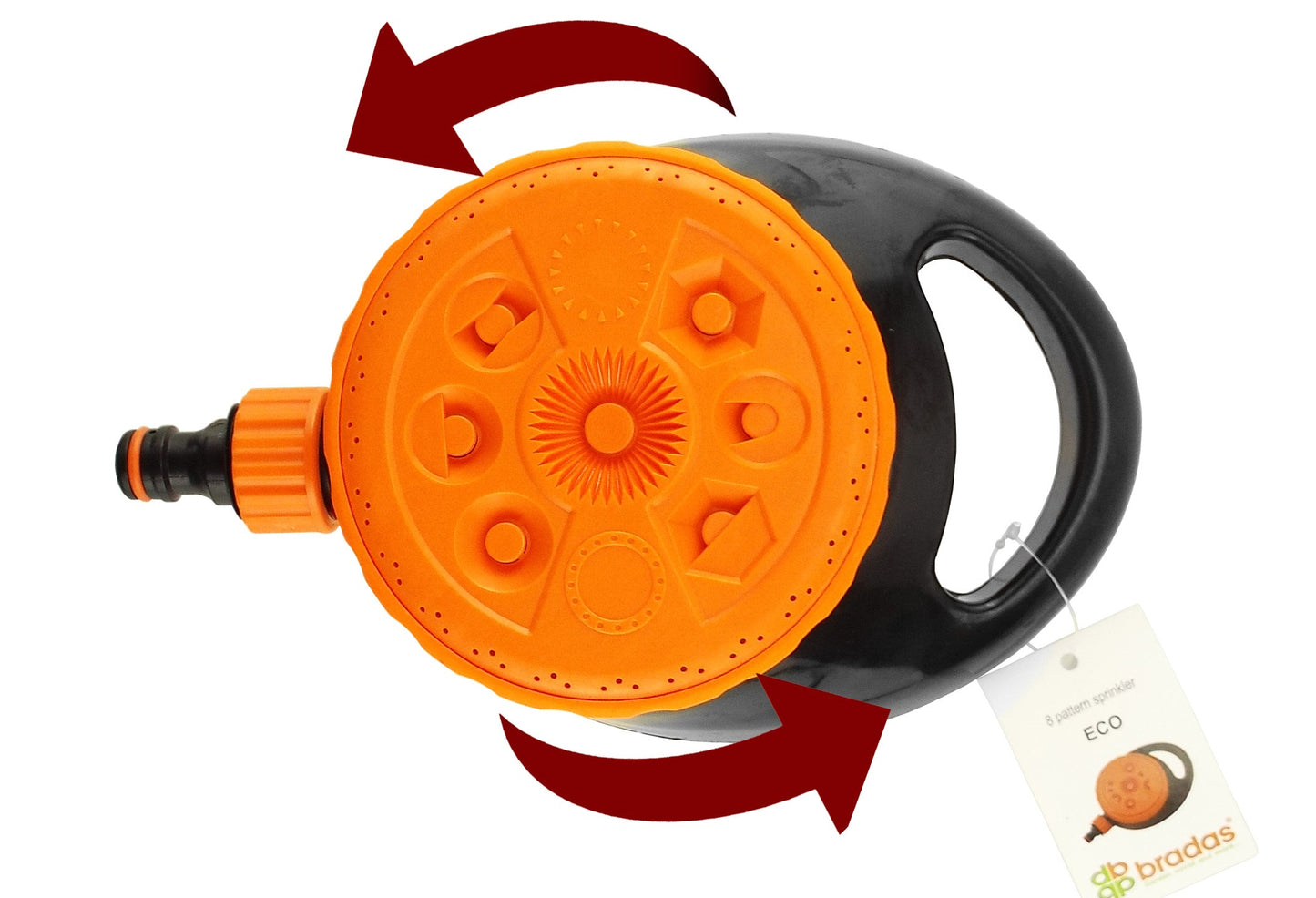 Static lawn sprinkler, orange top dial and black base with hose connector, showing spray pattern