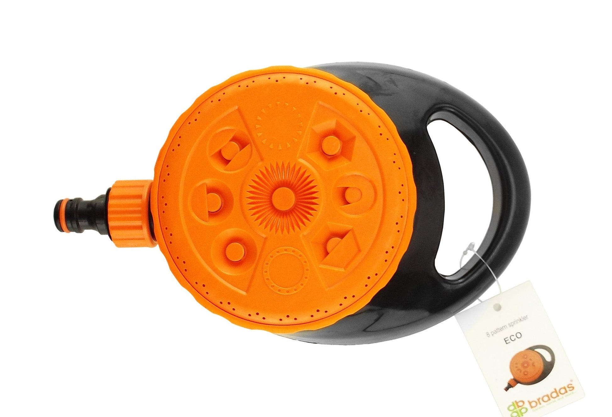 Orange-and-black static sprinkler showing top nozzle dial and loop carry handle