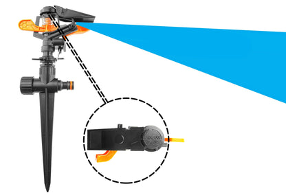 Adjustable eco line spike sprinkler with black frame and orange spray nozzle
