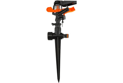 Sprinkler on spike with orange spray arm and side regulator, black housing