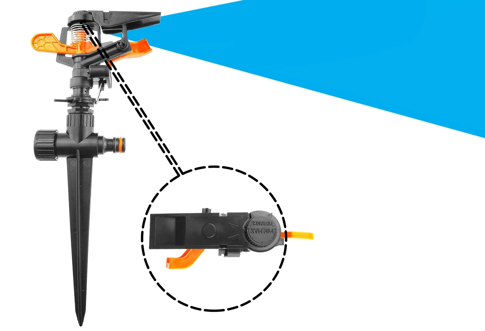 Sprinkler on spike with side control tab highlighted for adjustment