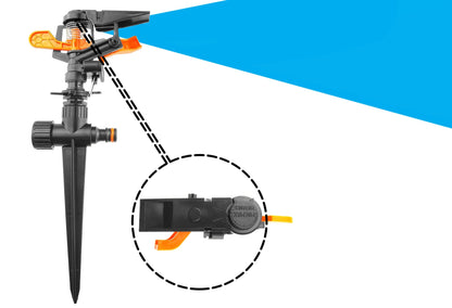 Sprinkler on spike with side control tab highlighted for adjustment