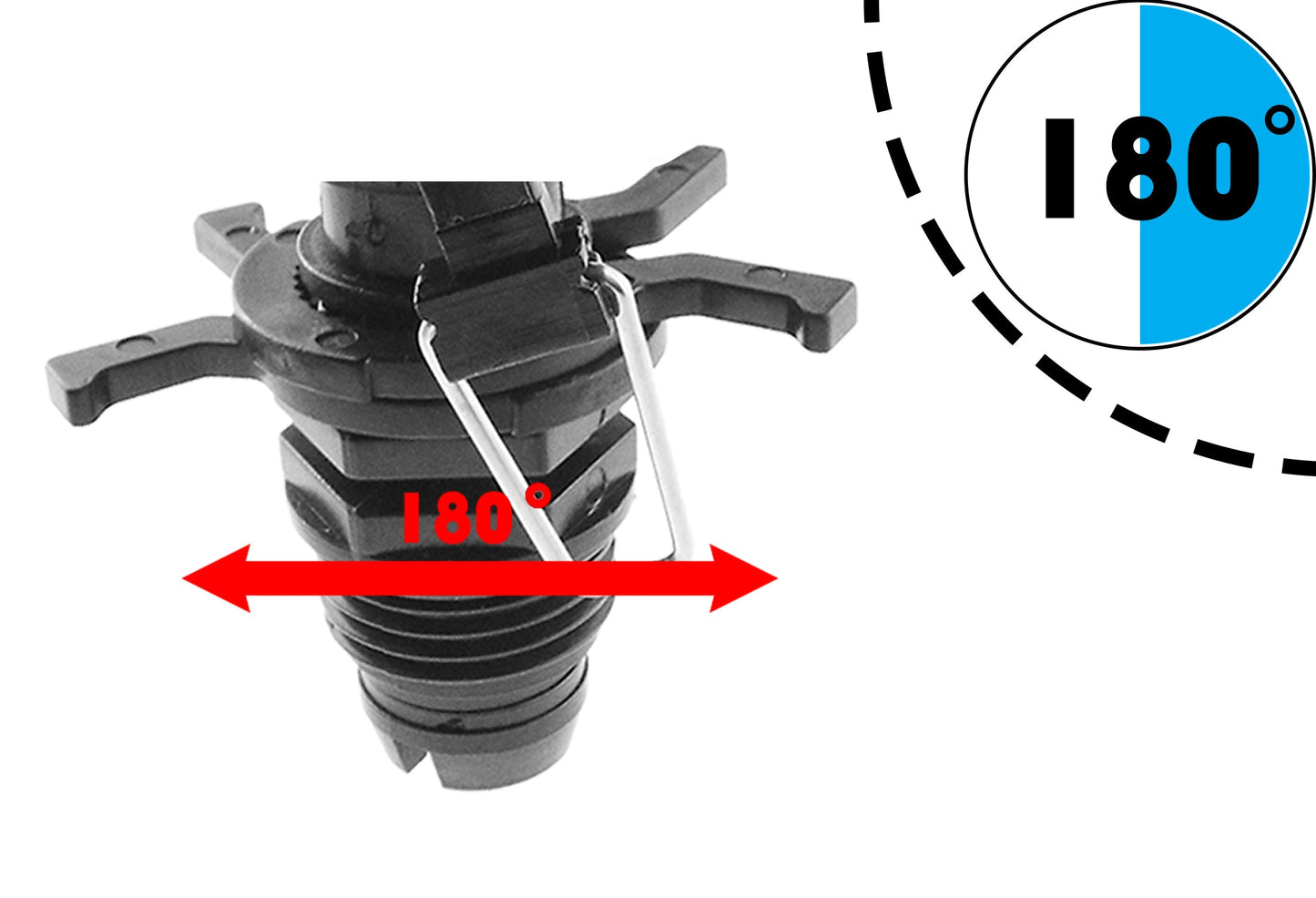 Spike sprinkler with 180° adjustable spray angle and side nozzles
