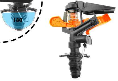 Pulsating sprinkler head on spike with 180° coverage angle indicator
