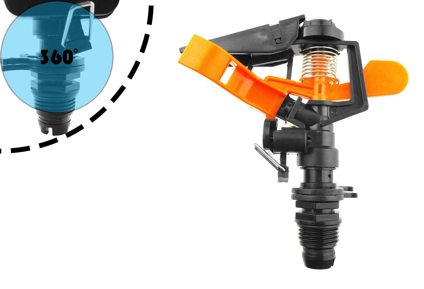 Spike sprinkler head with orange arm and rotating 360° adjustment