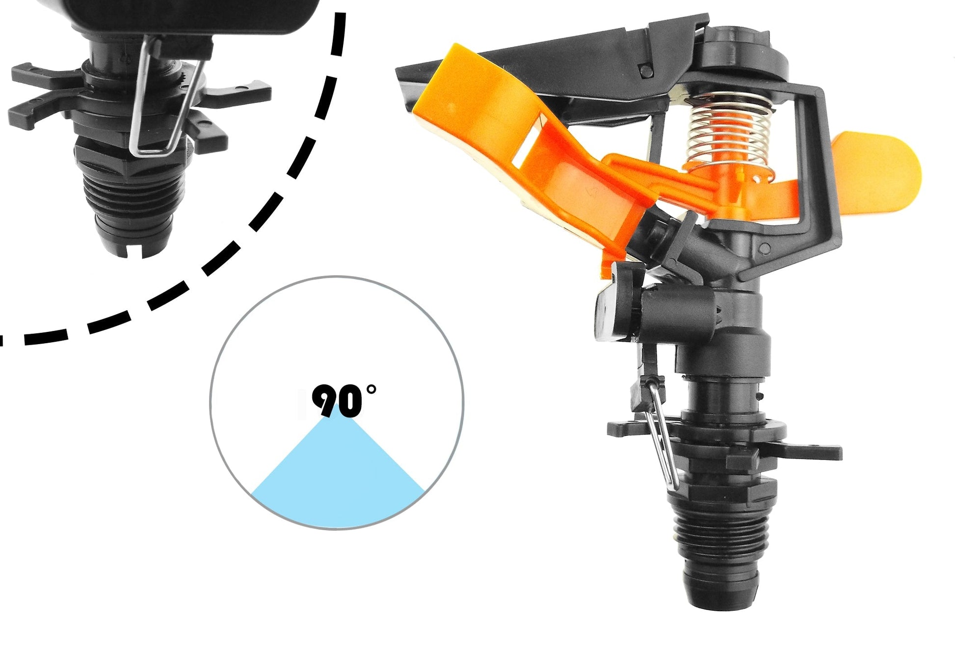 Spike sprinkler with 90° adjustable spray angle and orange nozzle