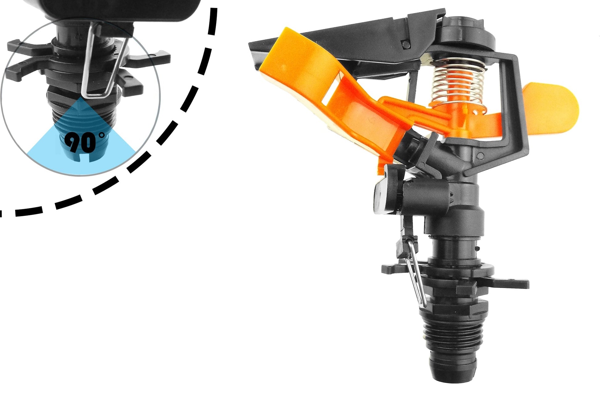 Spike sprinkler with 90° spray angle adjustment on the head