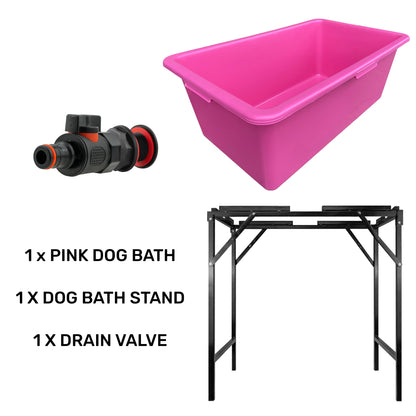 Pink dog bath tub, with drain valve and black stand shown together