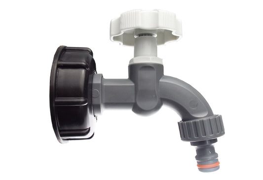 IBC 2” S60X6 cap bib tap with ½” BSP connector, gray body and white cap