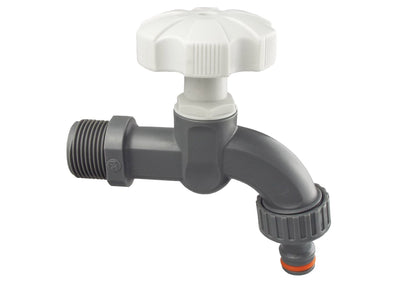 3/4" BSPM plastic tap valve with white handle and grey body, angled outlet