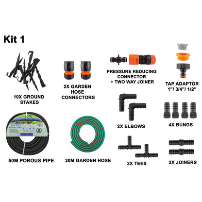 Porous Pipe Kit completo: manguera porosa 50 m, estacas de suelo y conectores