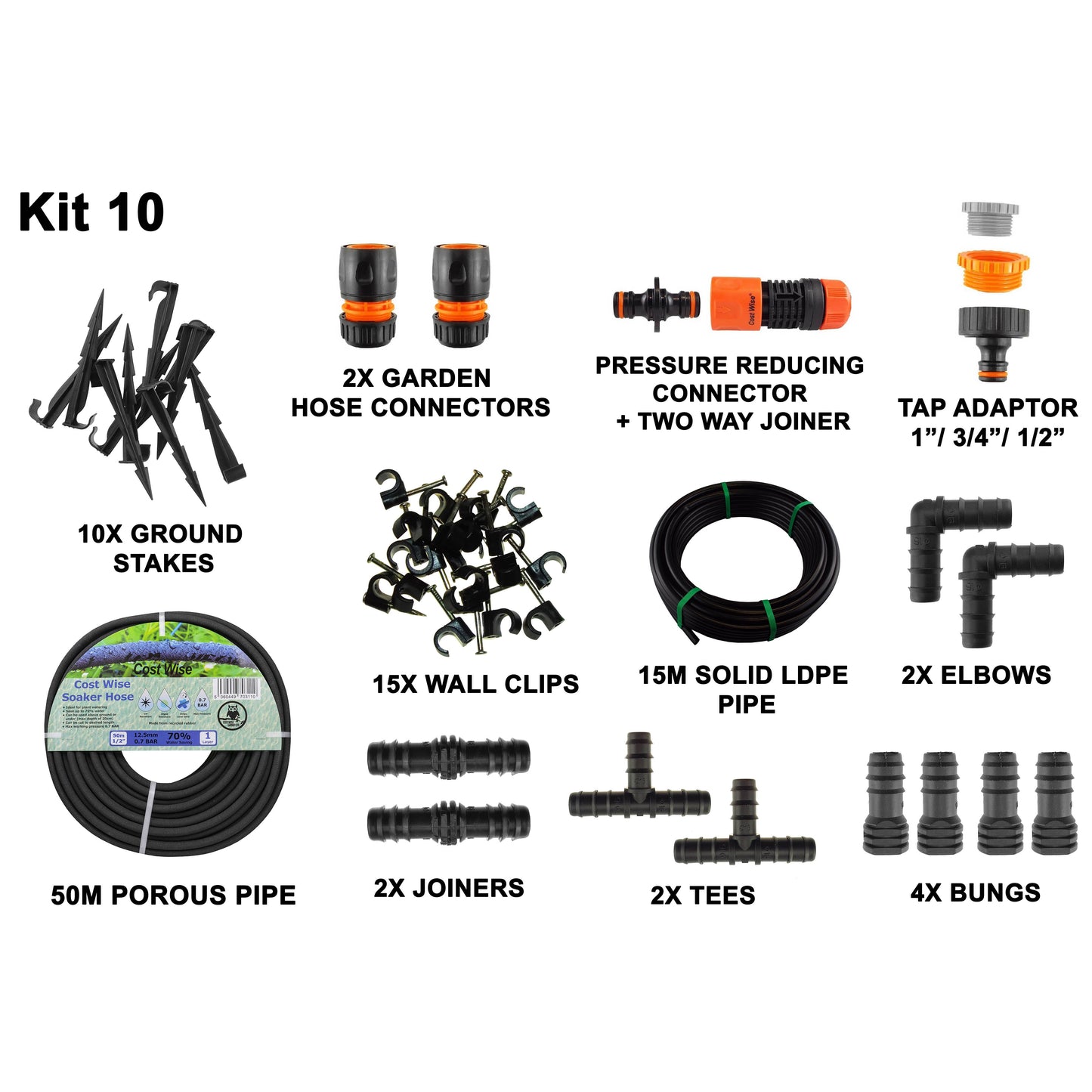 Porous Pipe Kit 10-piece set with porous pipe, connectors, wall clips, and ground stakes