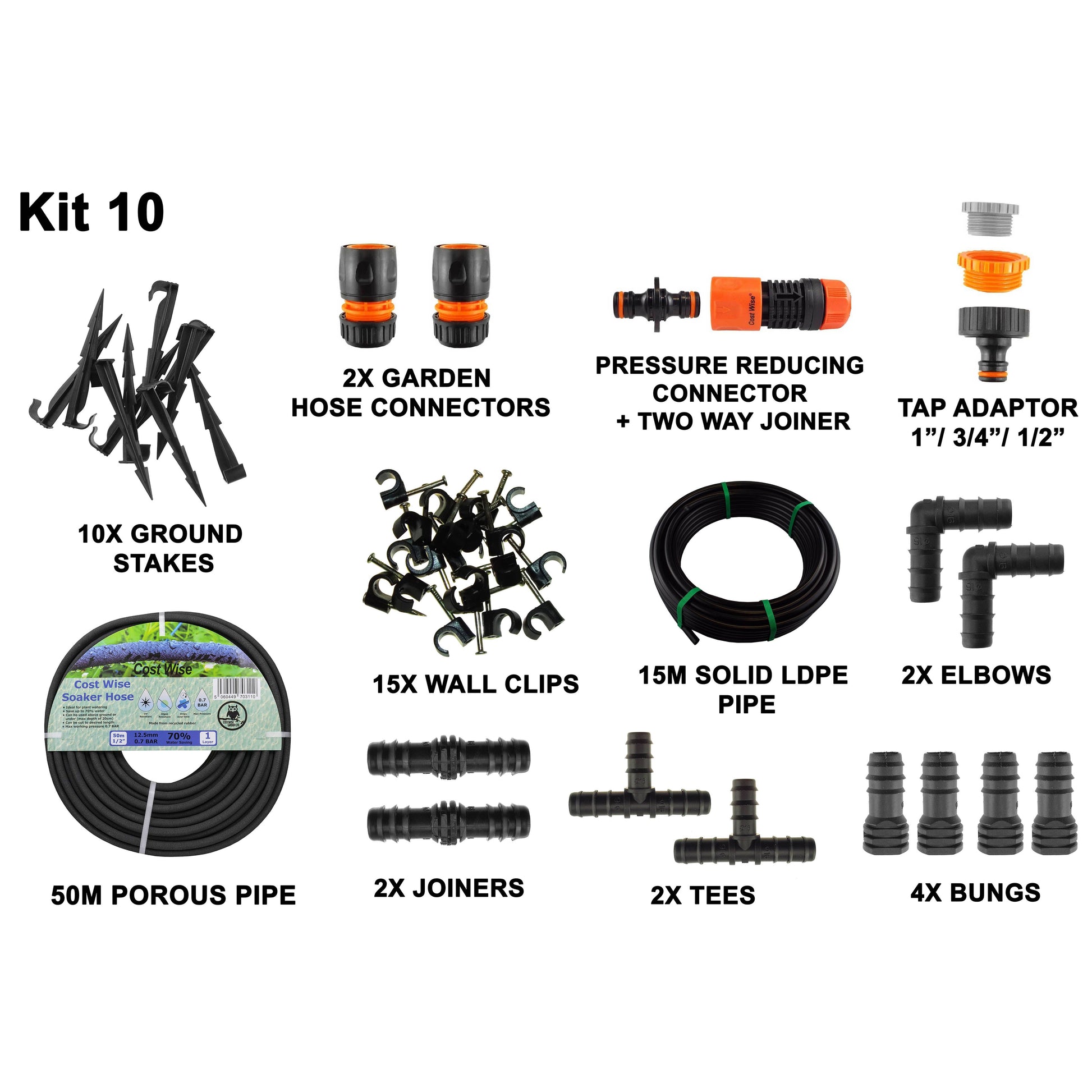 Porous Pipe Kit 10-piece set with porous pipe, connectors, wall clips, and ground stakes