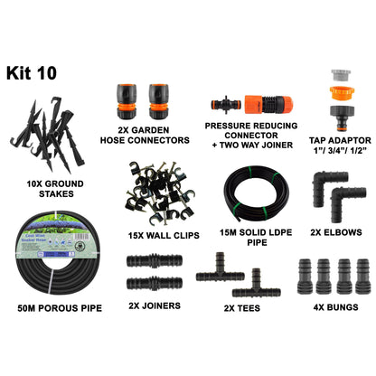 Porous Pipe Kit 10-piece set with porous pipe, connectors, wall clips, and ground stakes