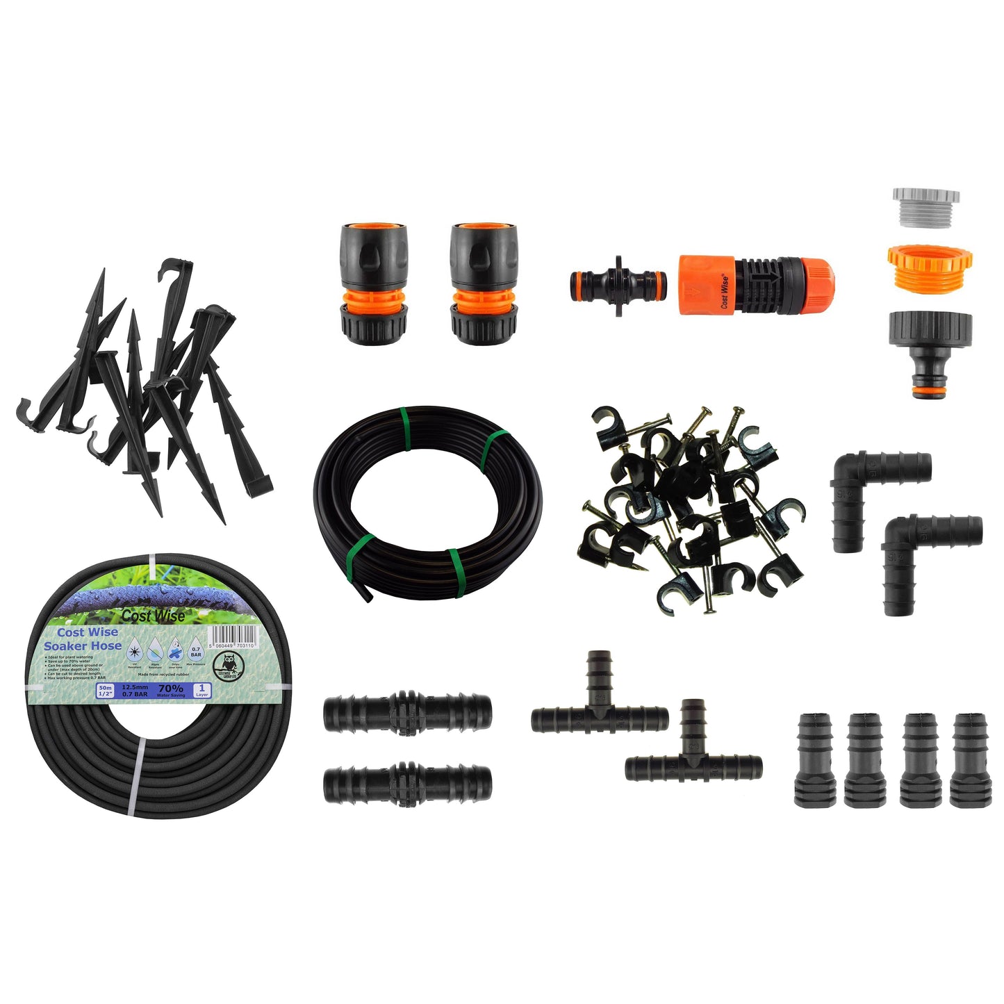 Porous Pipe Kit components: porous pipe coil, hose connectors, wall clips, and stakes