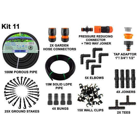 Porous Pipe Kit 11: 100 m black porous pipe with fittings and hose connectors kit.