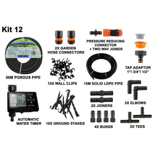Porous Pipe Kit 12-piece bundle with porous pipe, connectors, timer, stakes, and fittings