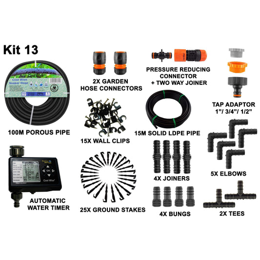 Porous Pipe Kit 13 bundle with porous hose, solid pipe, connectors, timer, stakes, bungs
