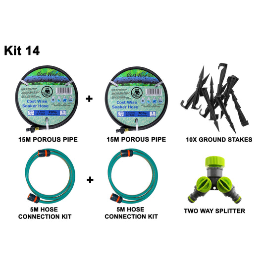 Porous Pipe Kit 14 mit zwei 15-m porösen Schläuchen, 5-m Verbindungsschlauch und Erdspießen