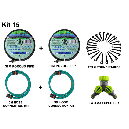 Porous pipe kit contents: porous hose reels, 5 m hose connection, ground stakes, two-way splitter