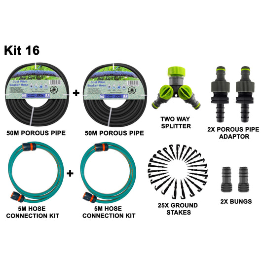 Porous Pipe Kit 16 with 50m porous pipe, 5m hose connection kit, split parts shown