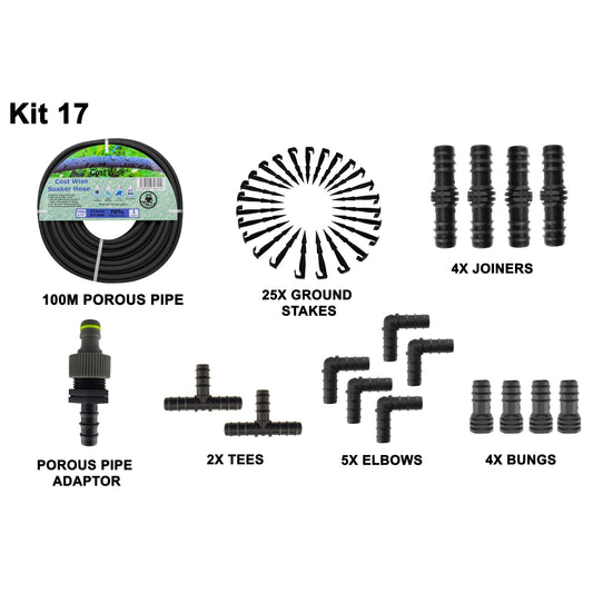 Porous Pipe Kit 17 with 100m porous pipe, adaptor, 4 joiners, tees, elbows, bungs