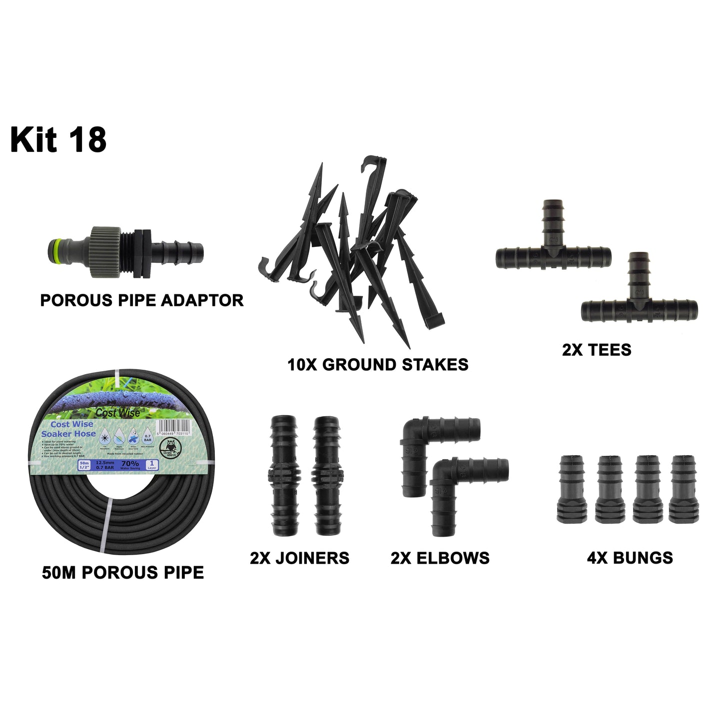 Porous Pipe Kit 18 with porous pipe, adapter, ground stakes, joiners, elbows, tees, bungs