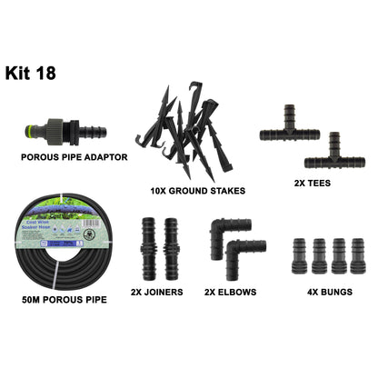 Porous Pipe Kit 18 with porous pipe, adapter, ground stakes, joiners, elbows, tees, bungs