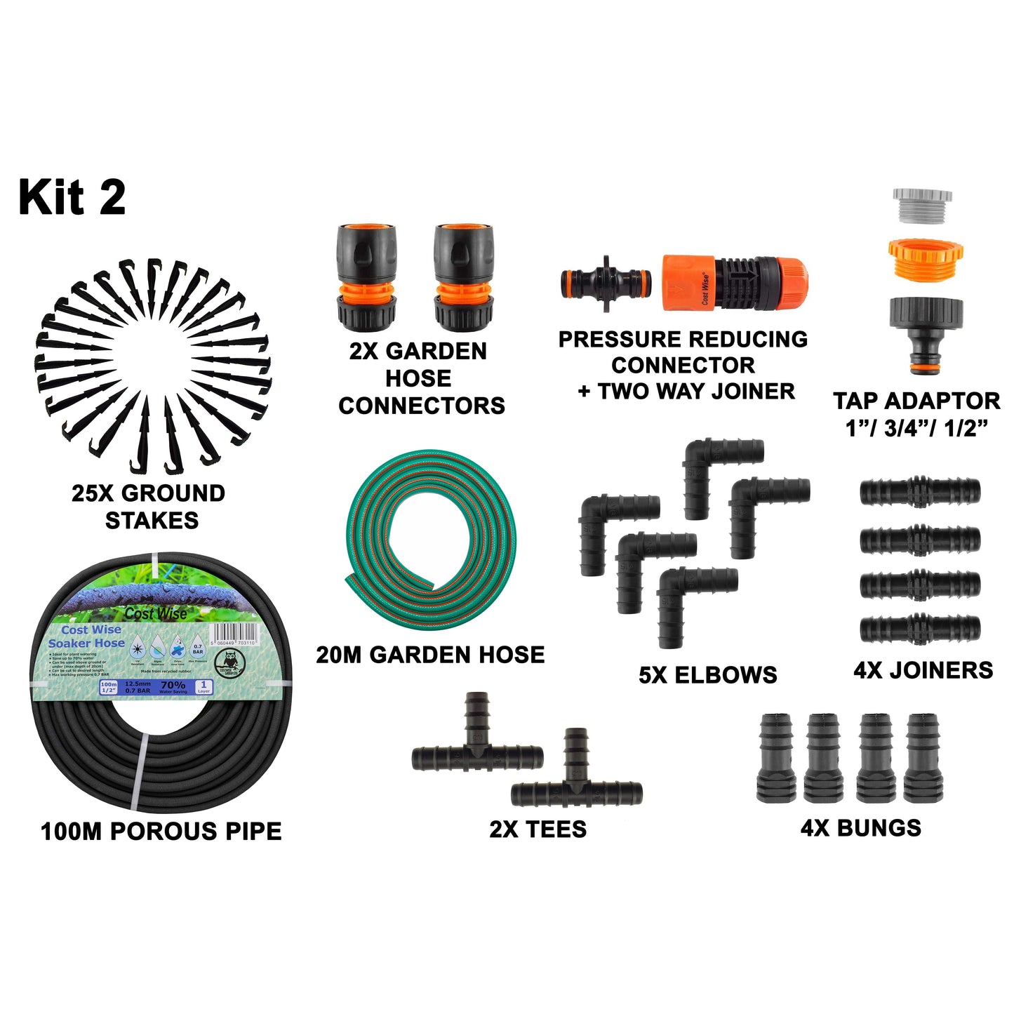 Porous Pipe Kit 2 with 100m porous pipe, 20m garden hose, connectors, and ground stakes