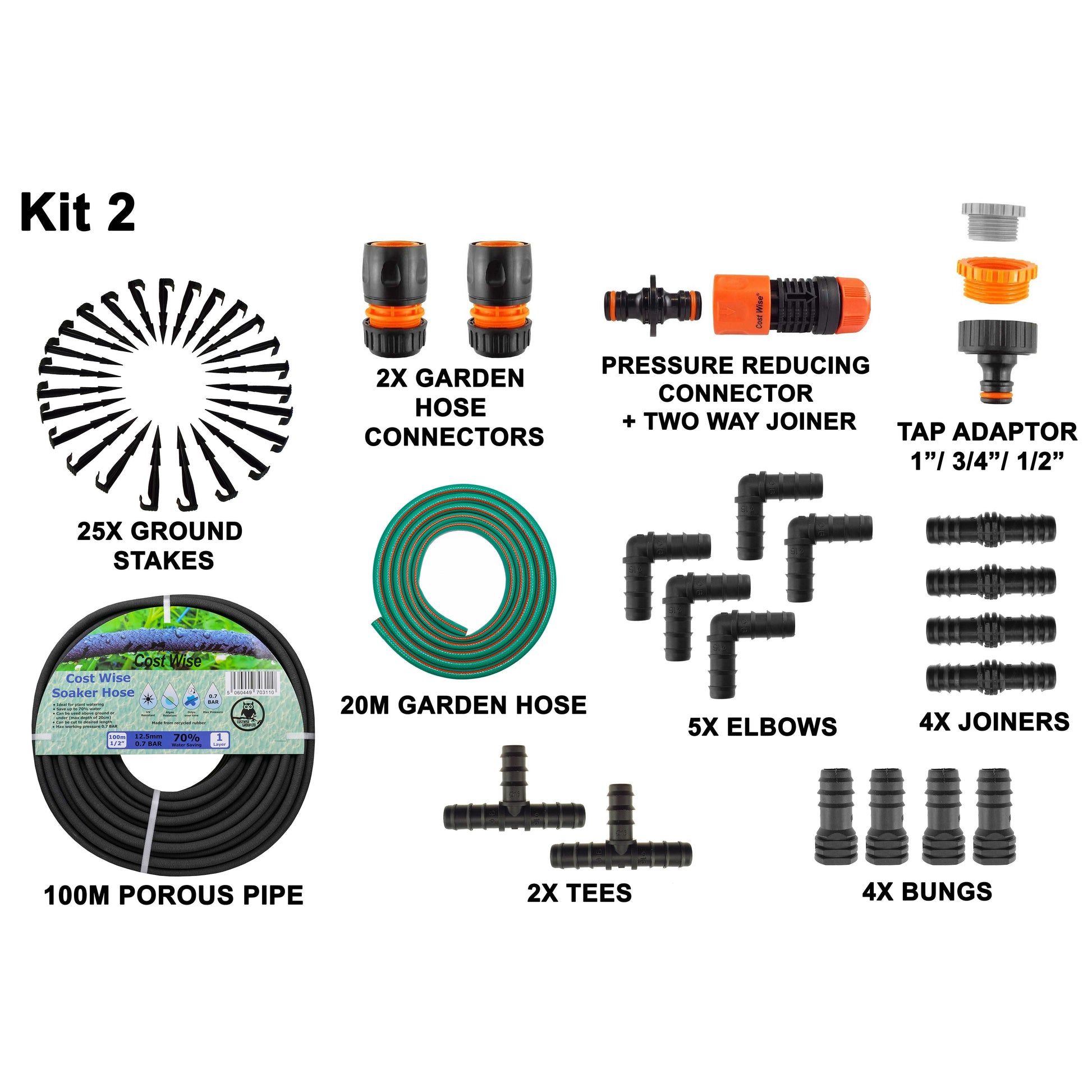 Porous Pipe Kit 2 with 100m porous pipe, 20m garden hose, connectors, and ground stakes
