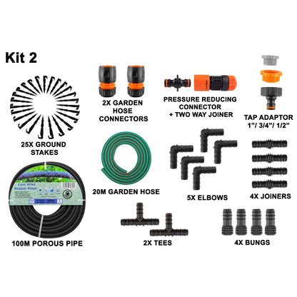 Porous Pipe Kit 2 with 100m porous pipe, 20m garden hose, connectors, and ground stakes
