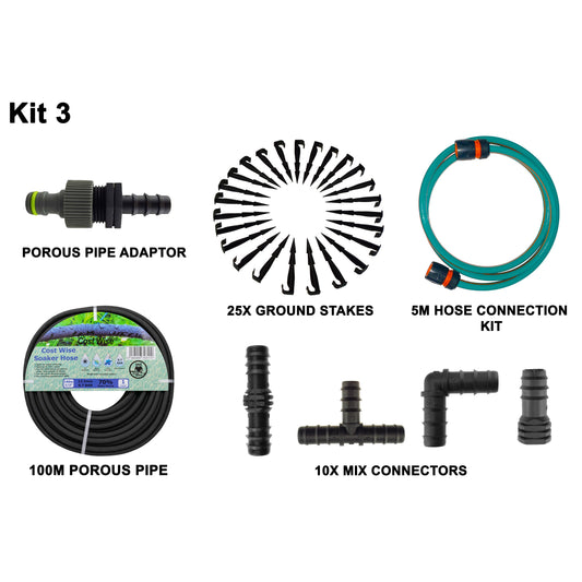 Porous pipe kit 3: adaptor, ground stakes, 5m hose connection kit